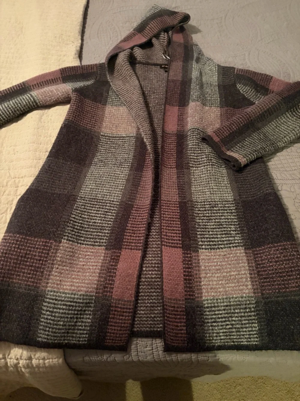 Hooded Open-Front Plaid Knit Cardigan - Purple Mix - Picture 3 of 3